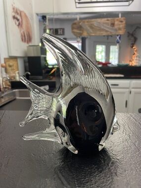 Decorative Handblown Glass Fish Figurine - Black and Clear